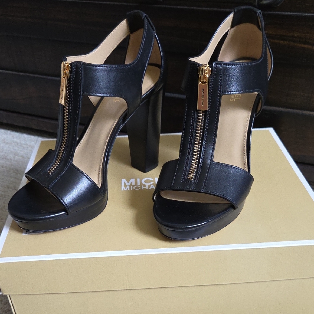 MICHAEL Michael Kors Black Leather Gold-Zip T-Strap Platform Heels
